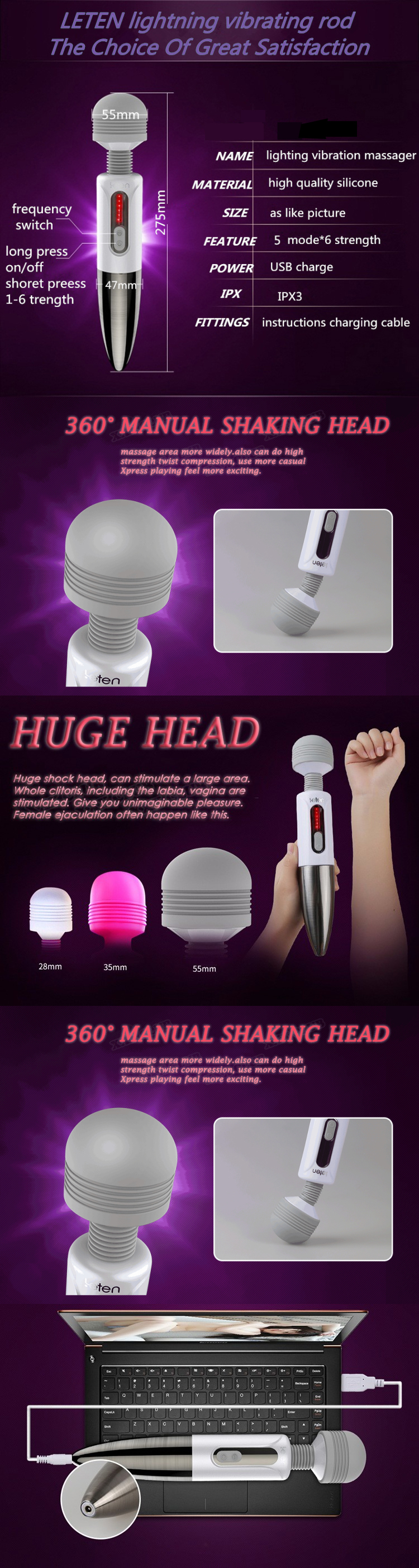 Leten Lightning Huge Head Clit Vibrators Magic AV Powerful Massagers Rechargeable