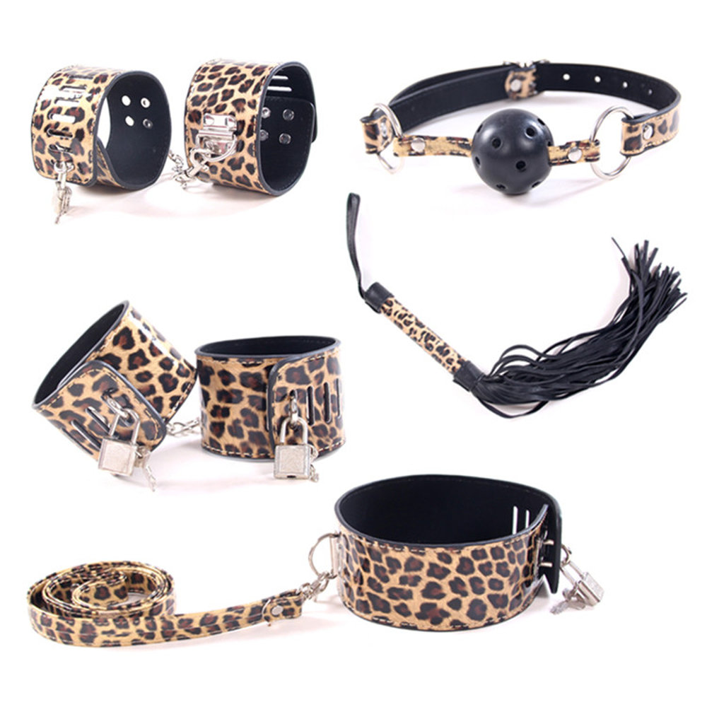 Leopard Bondage Restraints Kit BDSM Ball Gags 5 Piece