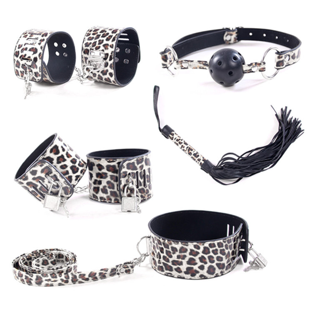 Leopard Bondage Restraints Kit BDSM Ball Gags 5 Piece