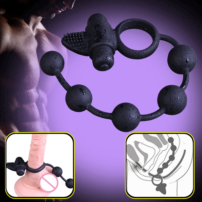 Anal Beads Butt Plug Vibrating Cock Ring - Black