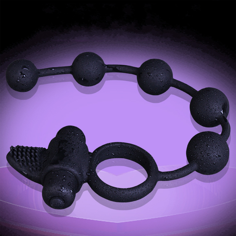 Anal Beads Butt Plug Vibrating Cock Ring - Black