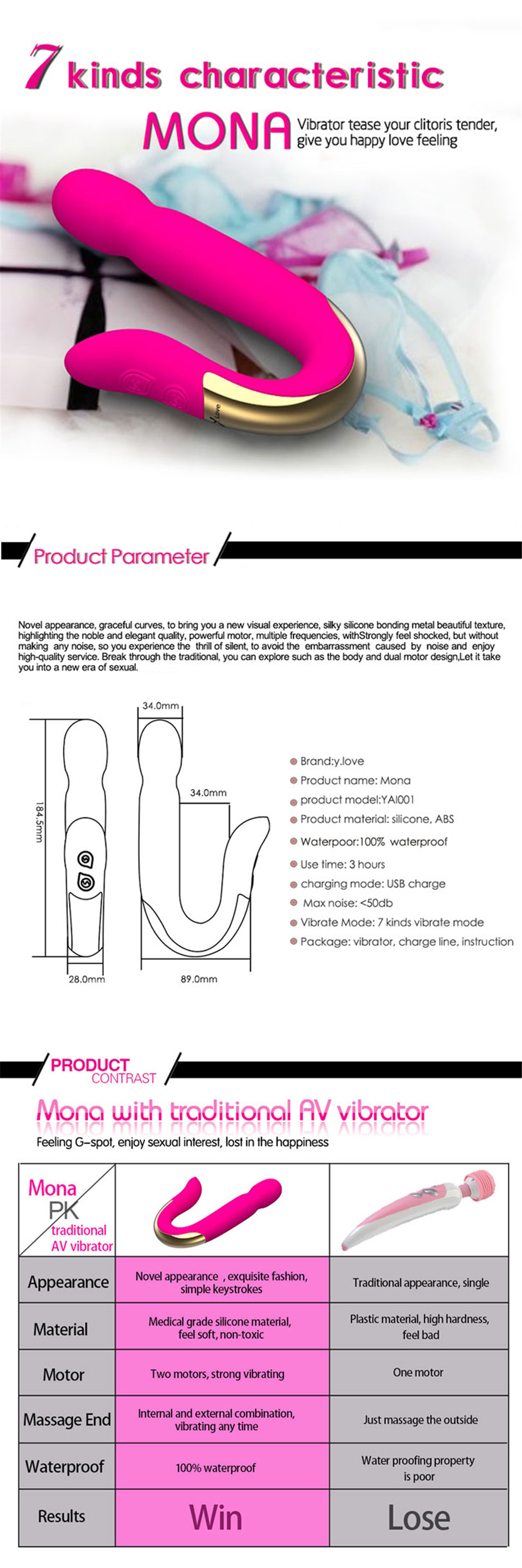 Y Love Mona U Shape USB Charge Vibrators Dual Vibrating Massager