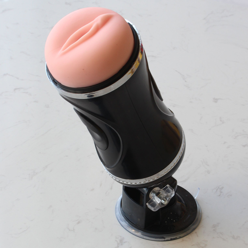 Double Ended Strong Suction Cup Male Masturbator Realistic Vagina and Ass Extrudable Shaft - Black