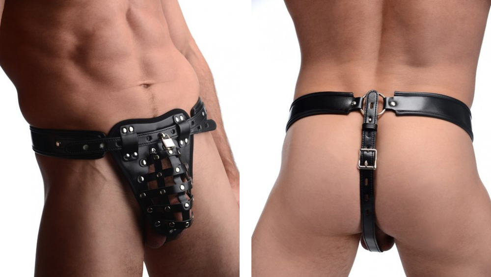 PU Leather Netted Male Chastity Jockstrap Total Cock and Ball Bondage with Lock and Key