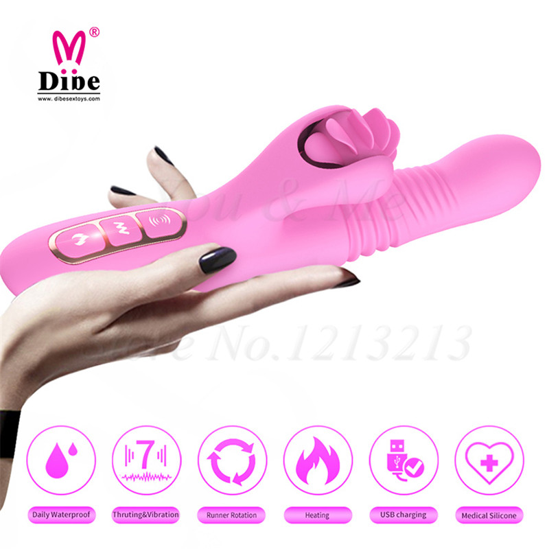 Rolling Tongues Rabbit Vibrator Rechargeable Clit Licking Thruster Smart Heating Sex Toys for Women