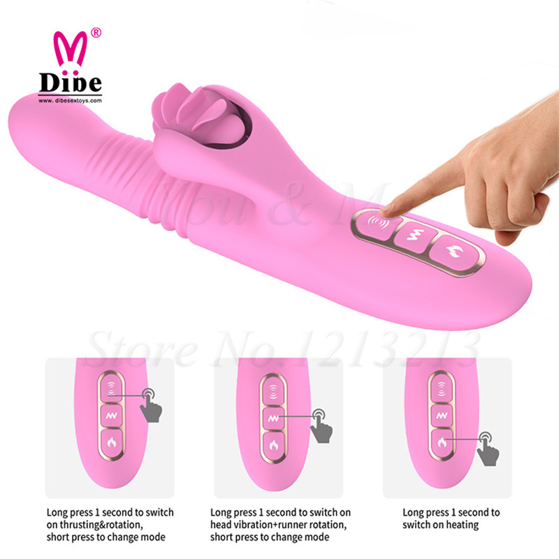 Rolling Tongues Rabbit Vibrator Rechargeable Clit Licking Thruster Smart Heating Sex Toys for Women