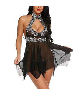 Halter Chest Hollow Out Flower Printing Lace Hem Babydoll Sexy Lingerie for Women