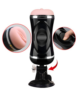 Double Ended Strong Suction Cup Male Masturbator Realistic Vagina and Ass Extrudable Shaft - Black